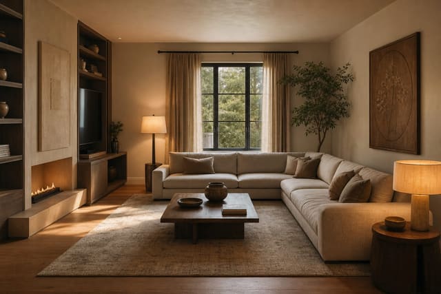 square living room with a low L shaped sectional, clear walking paths, warm layered lamps, and a large neutral rug