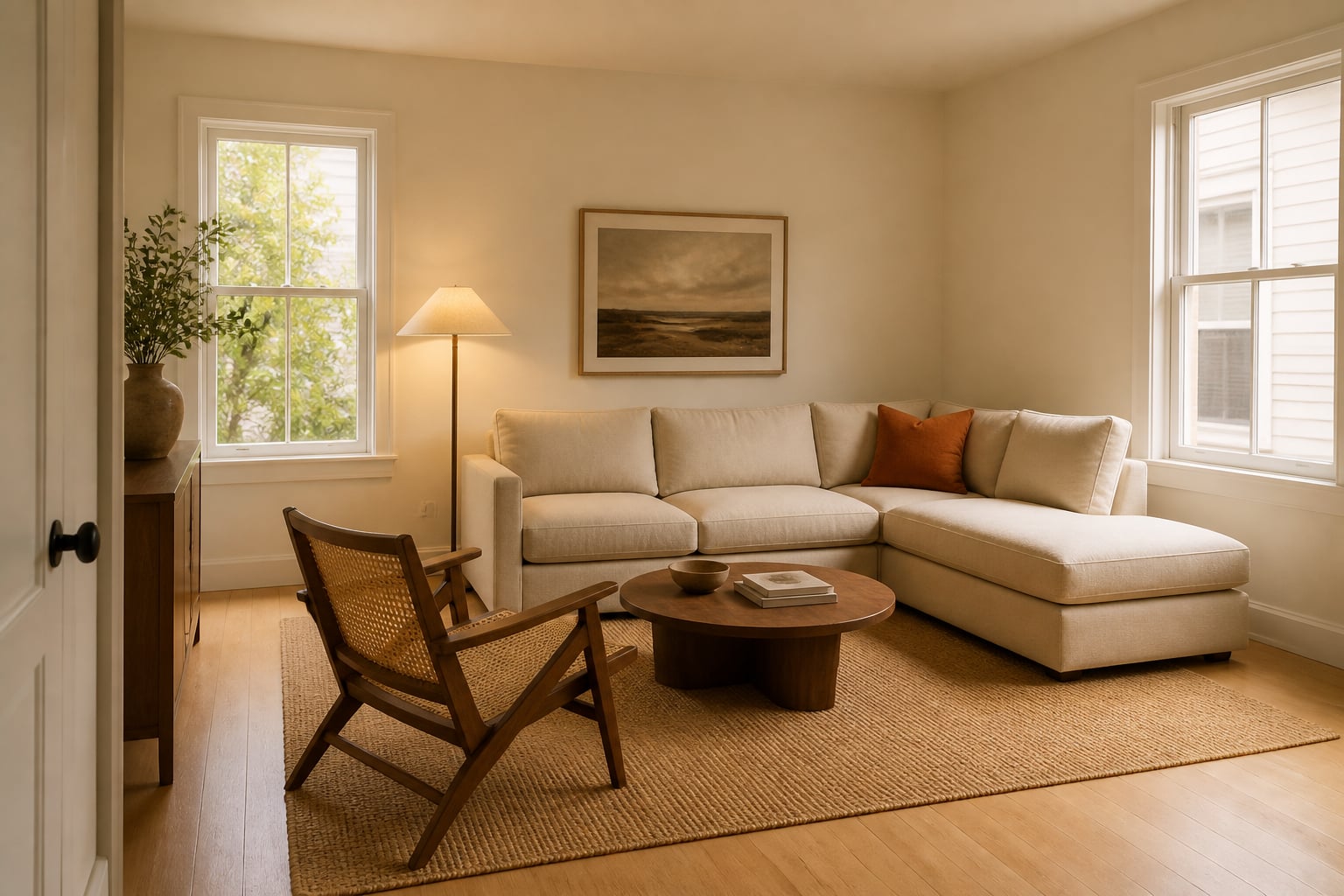 Same square room with an L-shaped oatmeal linen corner sofa sized to the wall, one walnut coffee table, a cane lounge chair on the open side, and a sisal rug.