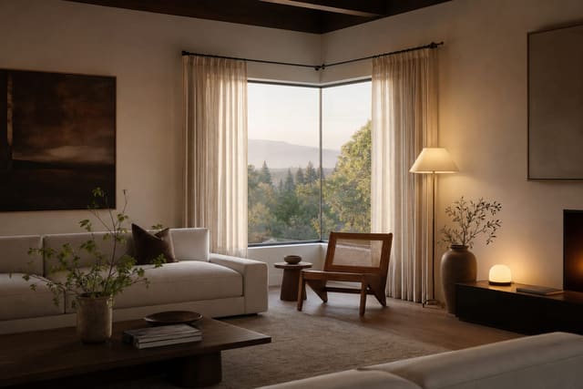 corner windows with linen panels wrapping the room corner and a low wood chair beneath the glass