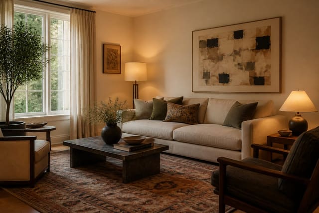 Redecorated living room with a quality sofa, layered lamps, area rug, curtains, and art, shown as a warm editorial Re-Design concept