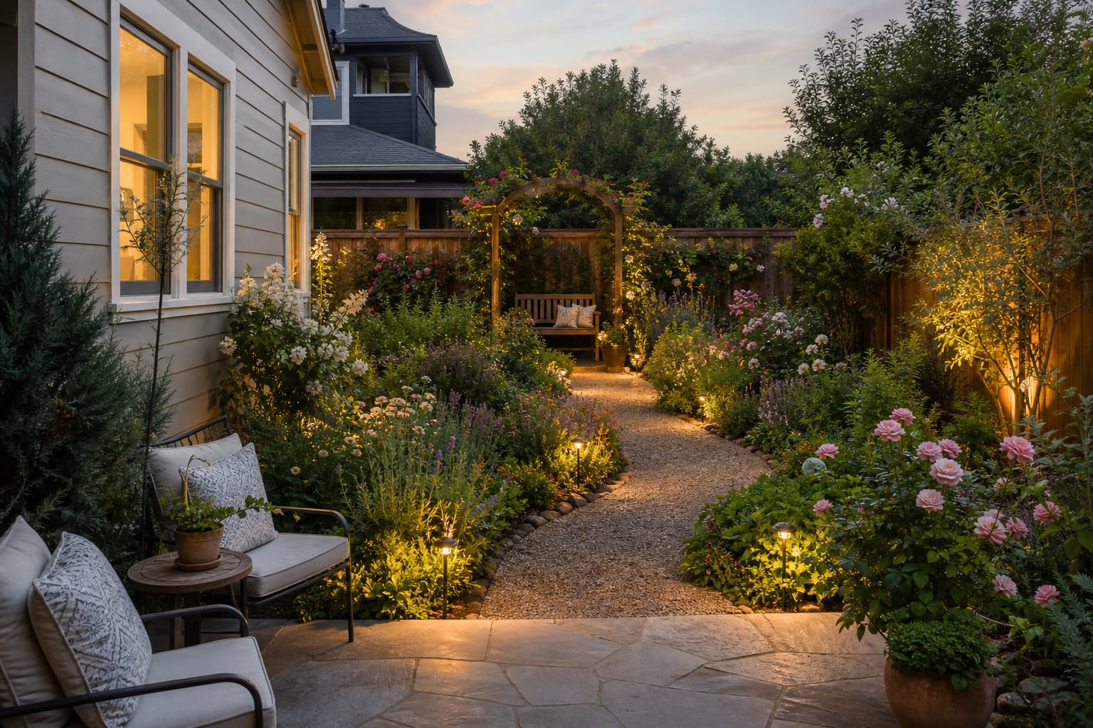 Same backyard redesigned with layered cottage flower beds, gravel path, climbing roses, herbs, foxgloves, and a small bench.