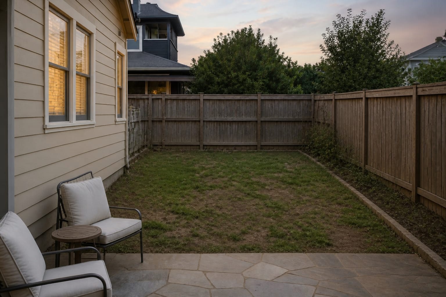 Plain rectangular backyard with patchy grass, exposed fence panels, narrow beds, and no seating or planted focal point.