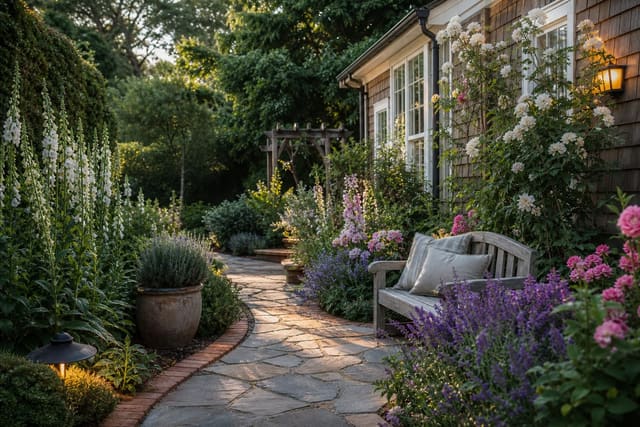 Layered cottage garden path with foxgloves, lavender, roses, herbs, and a small timber bench beside a brick-edged border.
