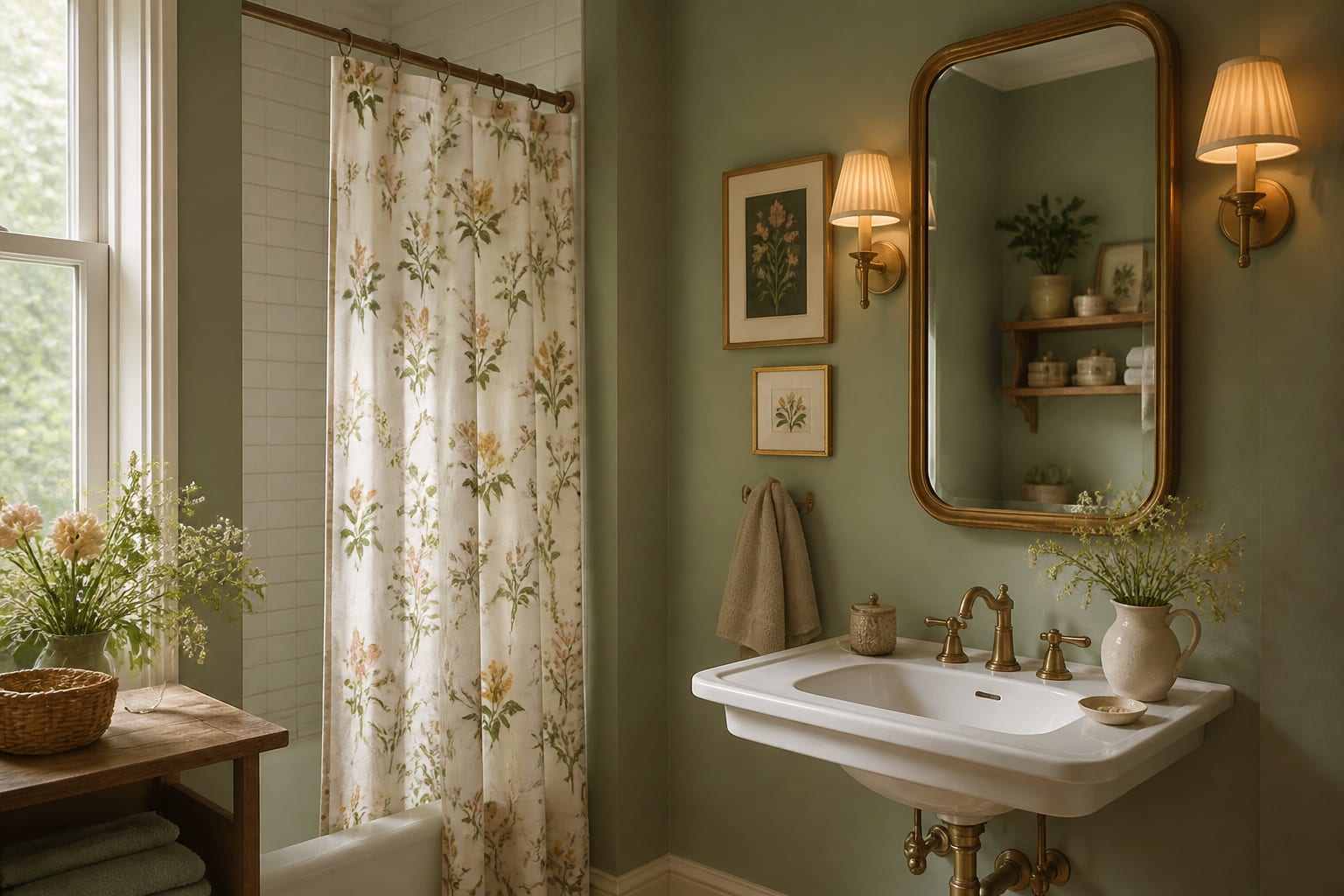 small cottagecore bathroom with floral shower curtain, vintage brass mirror, sage walls, warm sconces, and botanical art