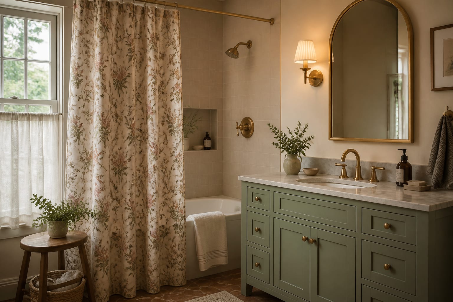 AI preview of cottagecore bathroom options showing floral curtain, sage vanity, brass mirror, and warm lighting from the same angle