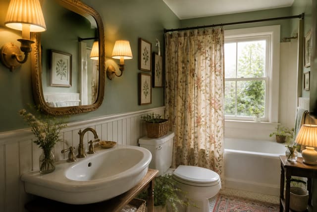 small cottagecore bathroom with floral shower curtain, vintage brass mirror, sage walls, warm sconces, and botanical art