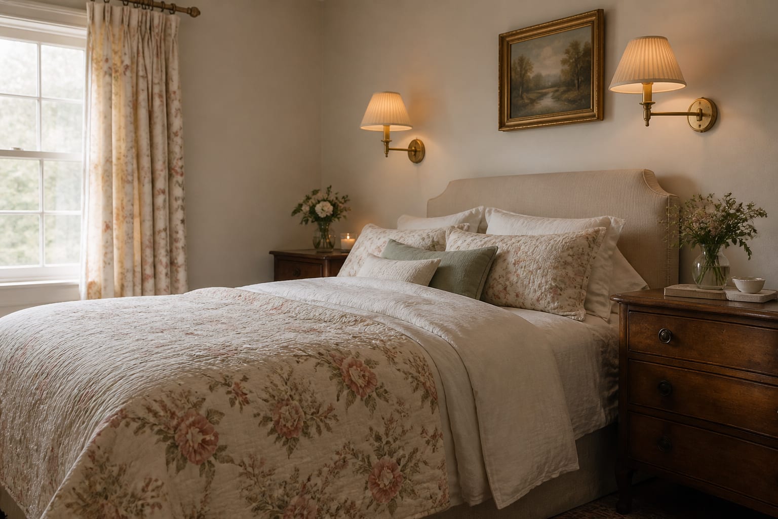 Cottagecore bedroom with linen bedding, a floral quilt, vintage wood nightstands, and warm brass wall sconces