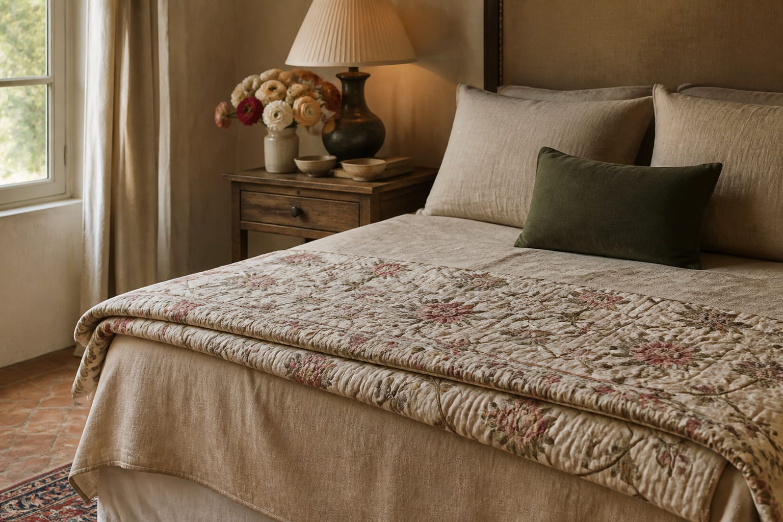 Floral quilt folded across linen bedding with a vintage wood nightstand and shaded lamp in warm light