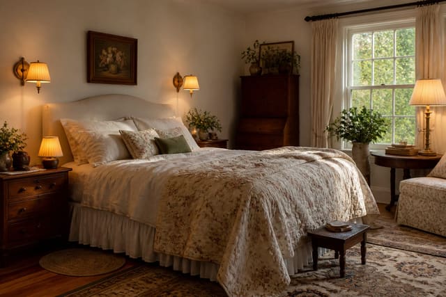 Cottagecore bedroom with linen bedding, a floral quilt, vintage wood nightstands, and warm brass wall sconces