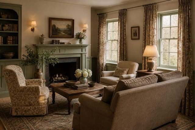 cottagecore living room with cream walls, sage trim, mushroom upholstery, faded floral curtains, and warm wood furniture