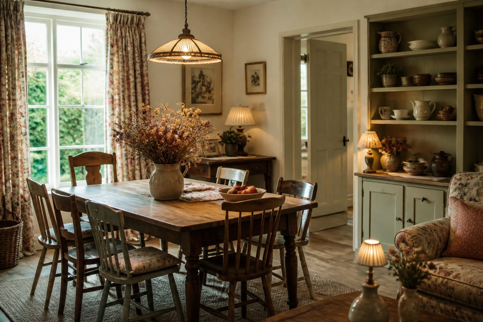 Editorial interior photograph showing a cottagecore dining room with farmhouse table, mismatched chairs, floral textiles, open shelving, and dried flowers.