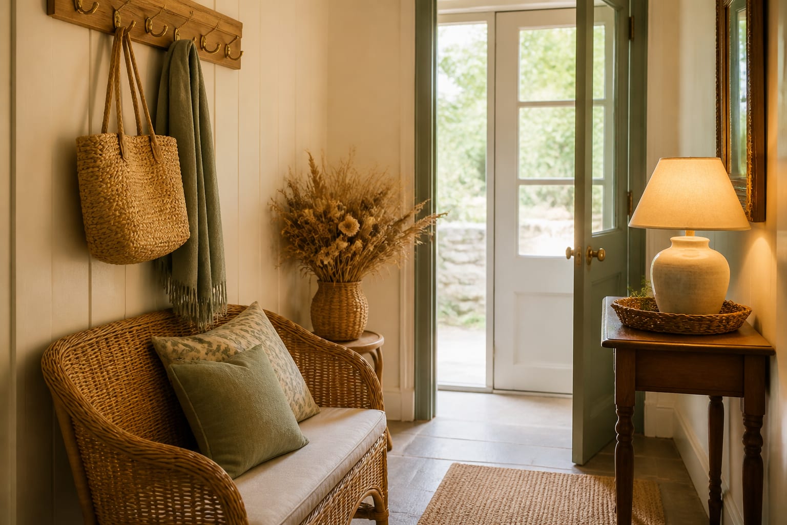 cottagecore entryway with wicker bench dried floral arrangement brass hooks and warm lamp beside a narrow console