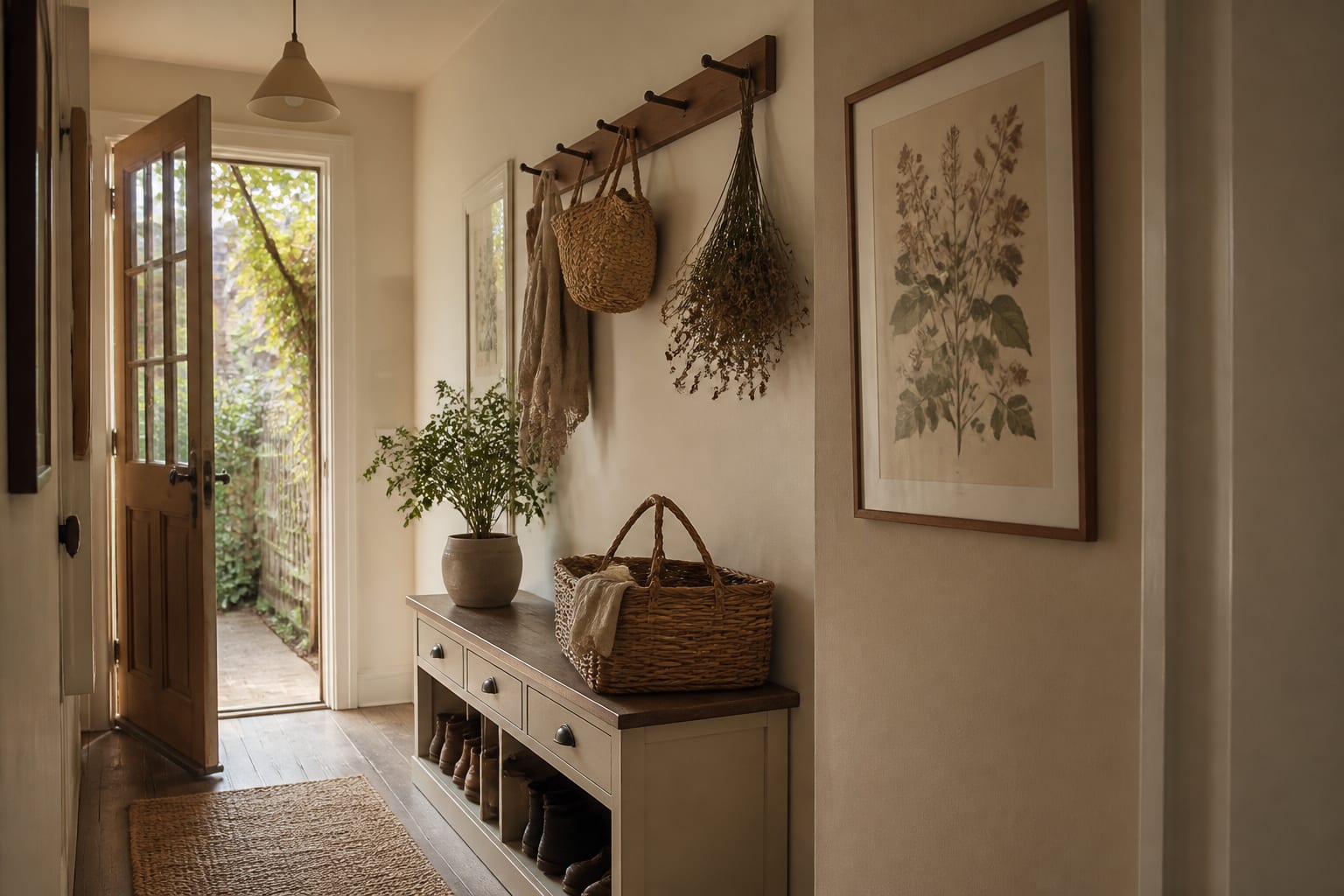narrow cottagecore entry hall with peg rail woven baskets botanical print and dried flowers above a low shoe cabinet