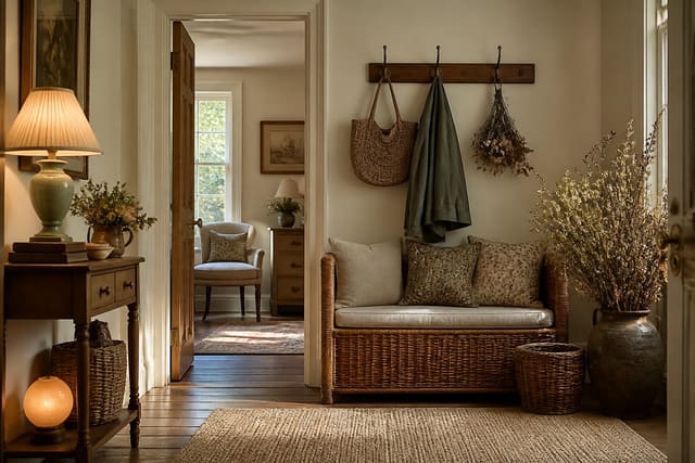 cottagecore entryway with wicker bench dried floral arrangement brass hooks and warm lamp beside a narrow console