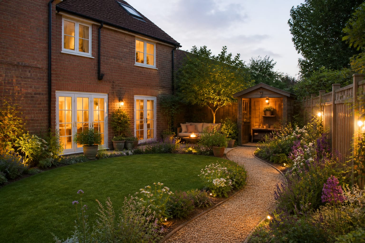 Same garden angle redesigned with curved gravel path, deep wildflower beds, aged timber potting shed, herbs, and small seating area.