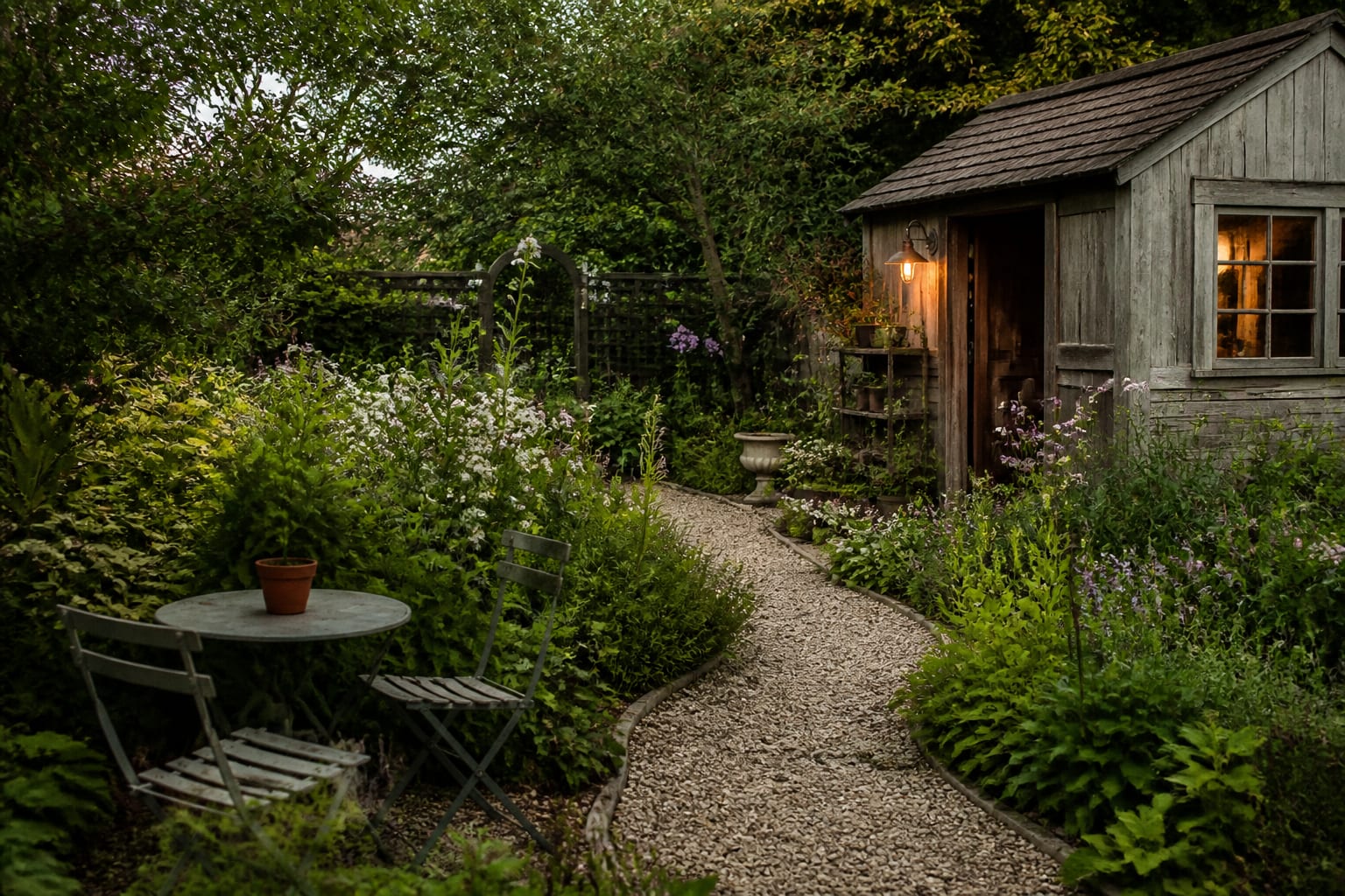 romantic cottagecore garden with curved gravel path, mixed wildflowers, aged wood potting shed, and small bistro chairs