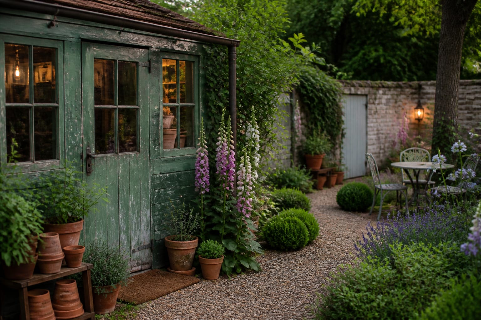 weathered green potting shed beside terracotta pots, foxgloves, herbs, and a curved gravel cottage garden path