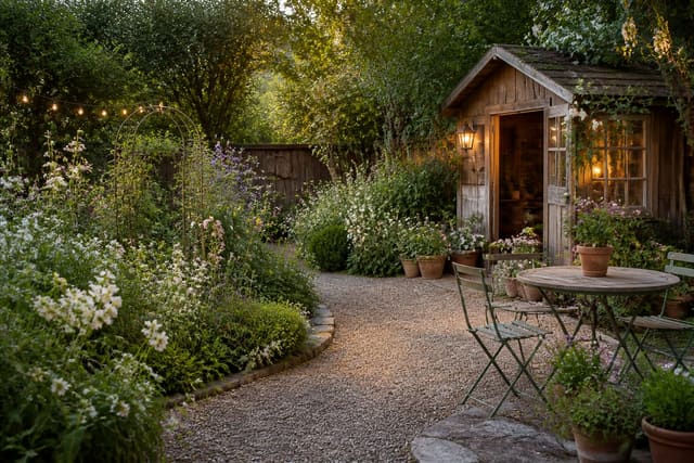romantic cottagecore garden with curved gravel path, mixed wildflowers, aged wood potting shed, and small bistro chairs