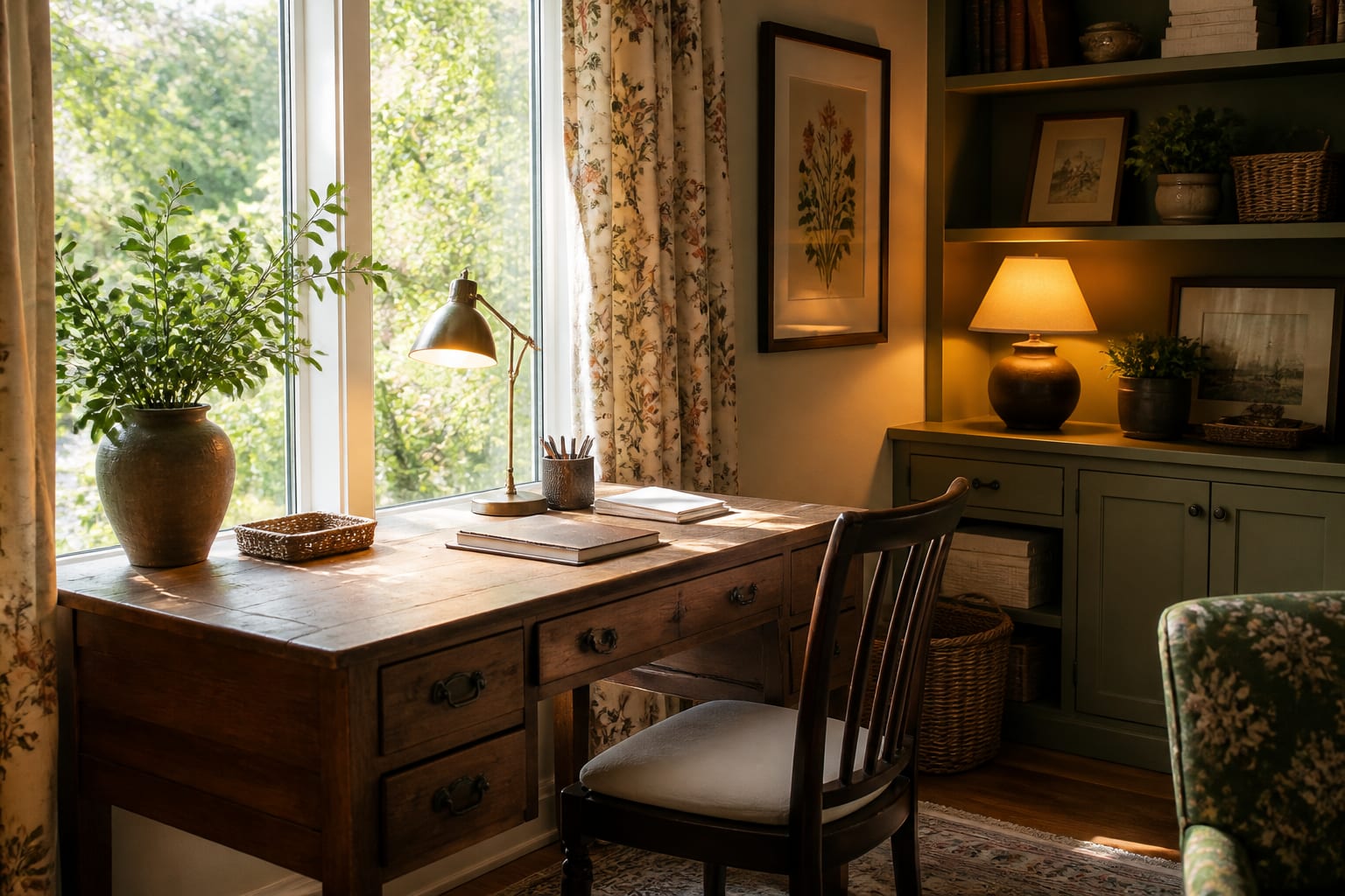 cottagecore home office with wood desk, floral curtain, warm lamp, woven storage, and botanical art near a sunny window