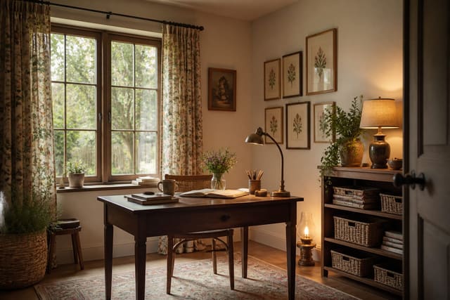 cottagecore home office with wood desk, floral curtain, warm lamp, woven storage, and botanical art near a sunny window