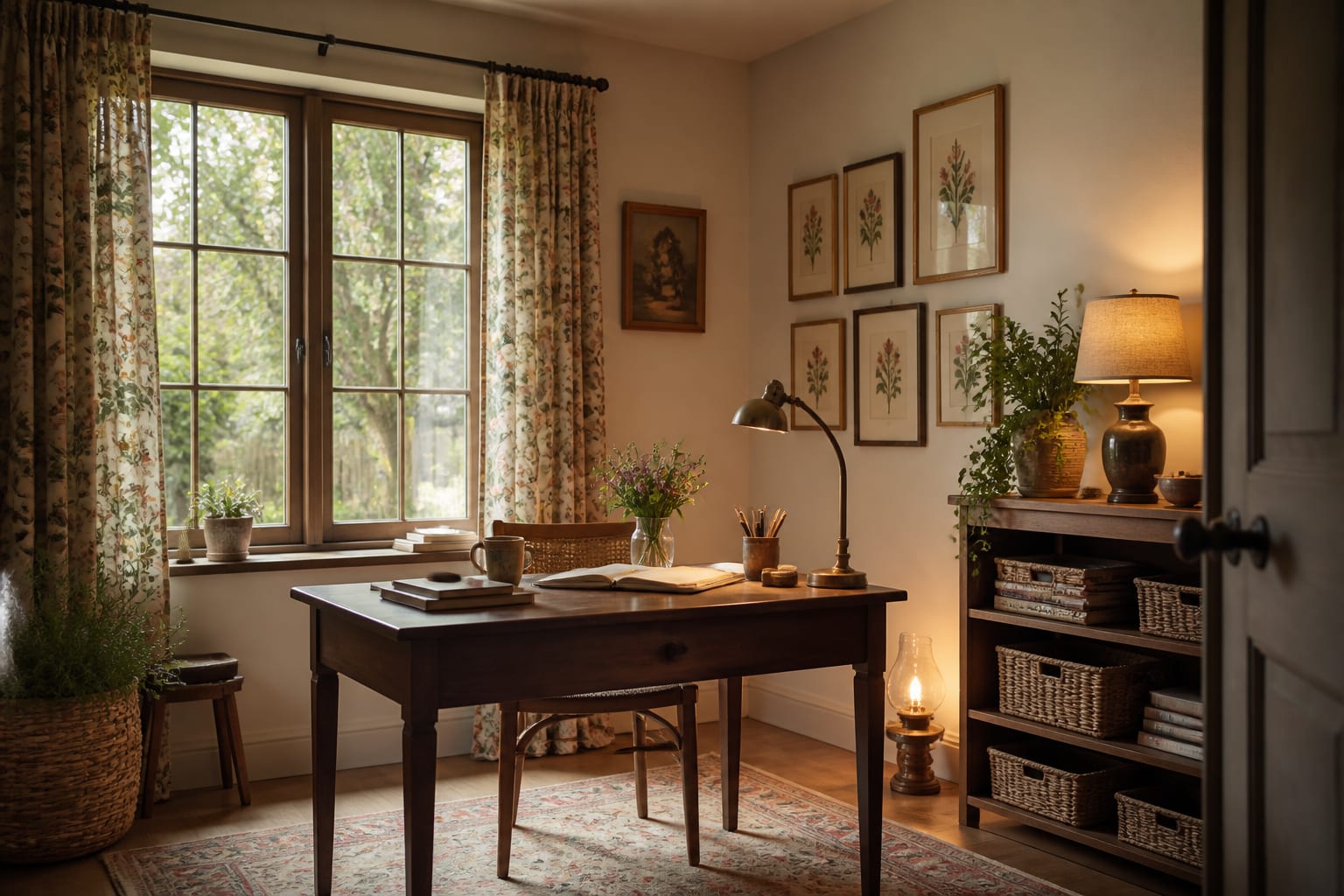 cottagecore home office with wood desk, floral curtain, warm lamp, woven storage, and botanical art near a sunny window
