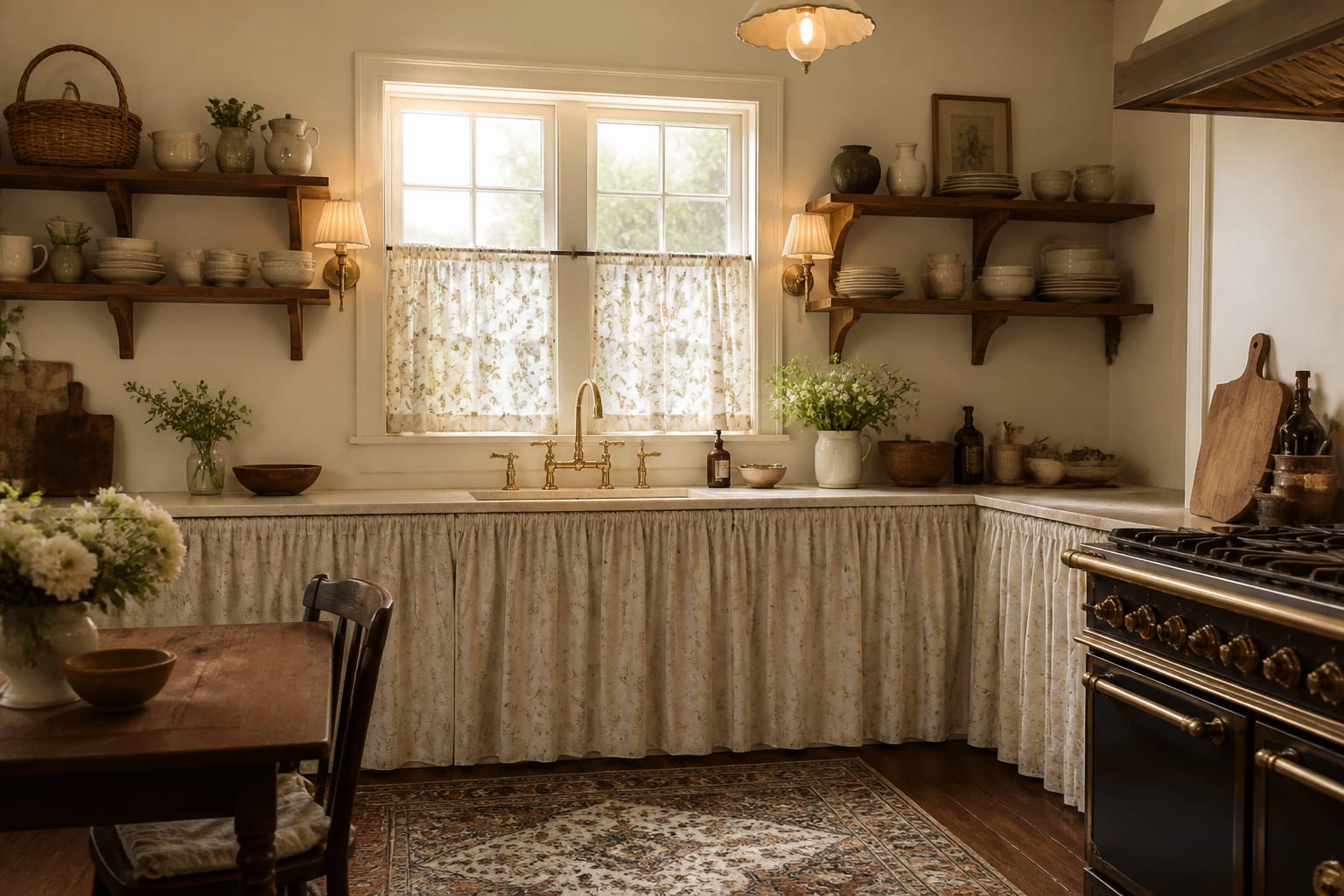 cottagecore kitchen with warm wood shelves, skirted lower storage, botanical cafe curtains, aged brass hardware, and cream walls