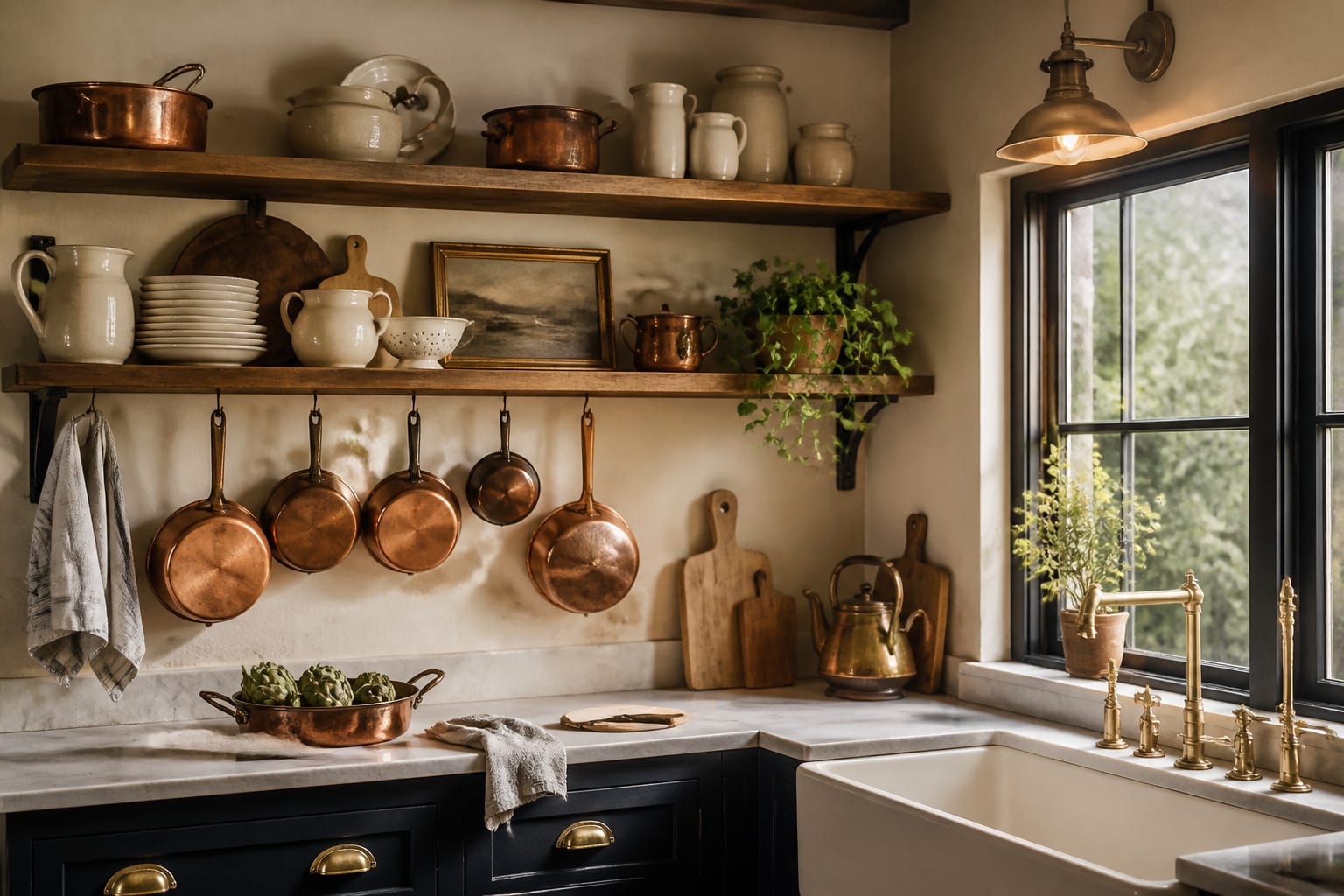 open cottage kitchen shelving with cream dishes, copper pans, wood cutting boards, and a small trailing plant near a window