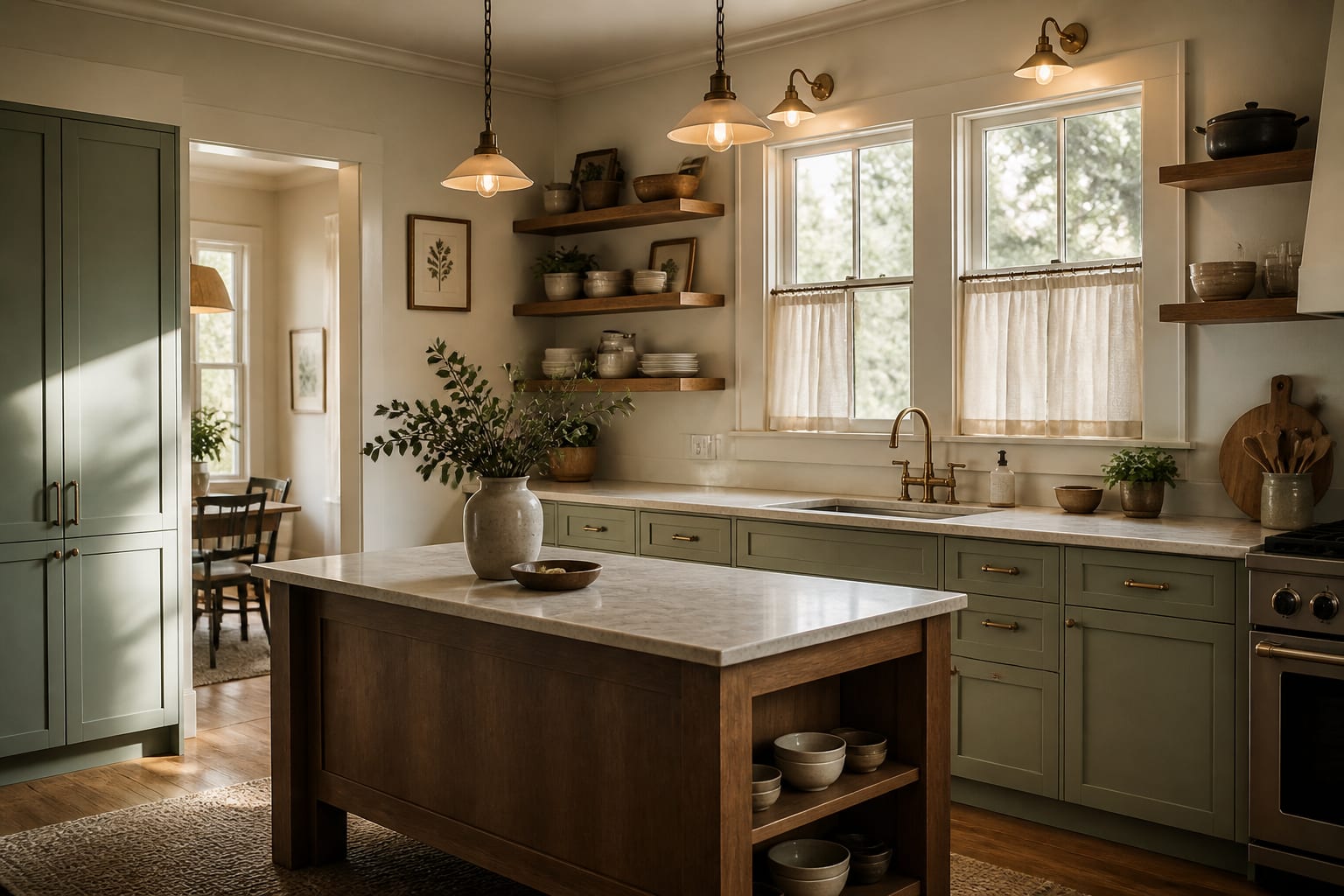 AI-style kitchen preview showing the same room with sage cabinets, cafe curtains, warm pendant lighting, and open wood shelves