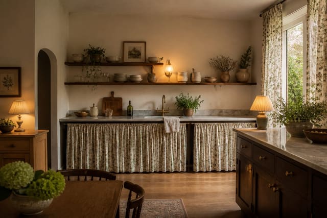 cottagecore kitchen with warm wood shelves, skirted lower storage, botanical cafe curtains, aged brass hardware, and cream walls