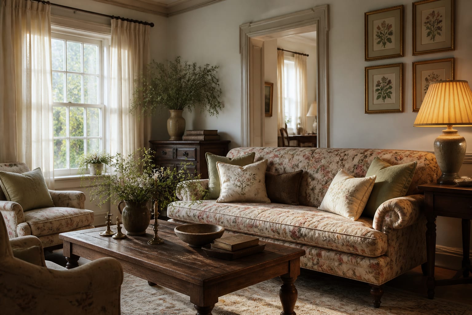 cottagecore living room with floral upholstery, linen curtains, antique wood table, layered pillows, and soft botanical art