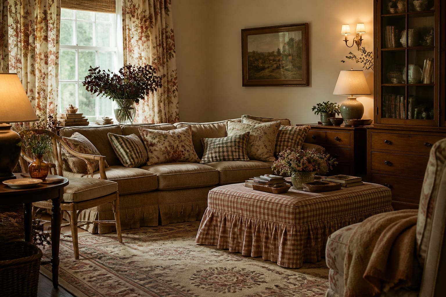 floral cottagecore living room with faded rug, skirted ottoman, warm lamps, gingham pillows, and antique wood storage