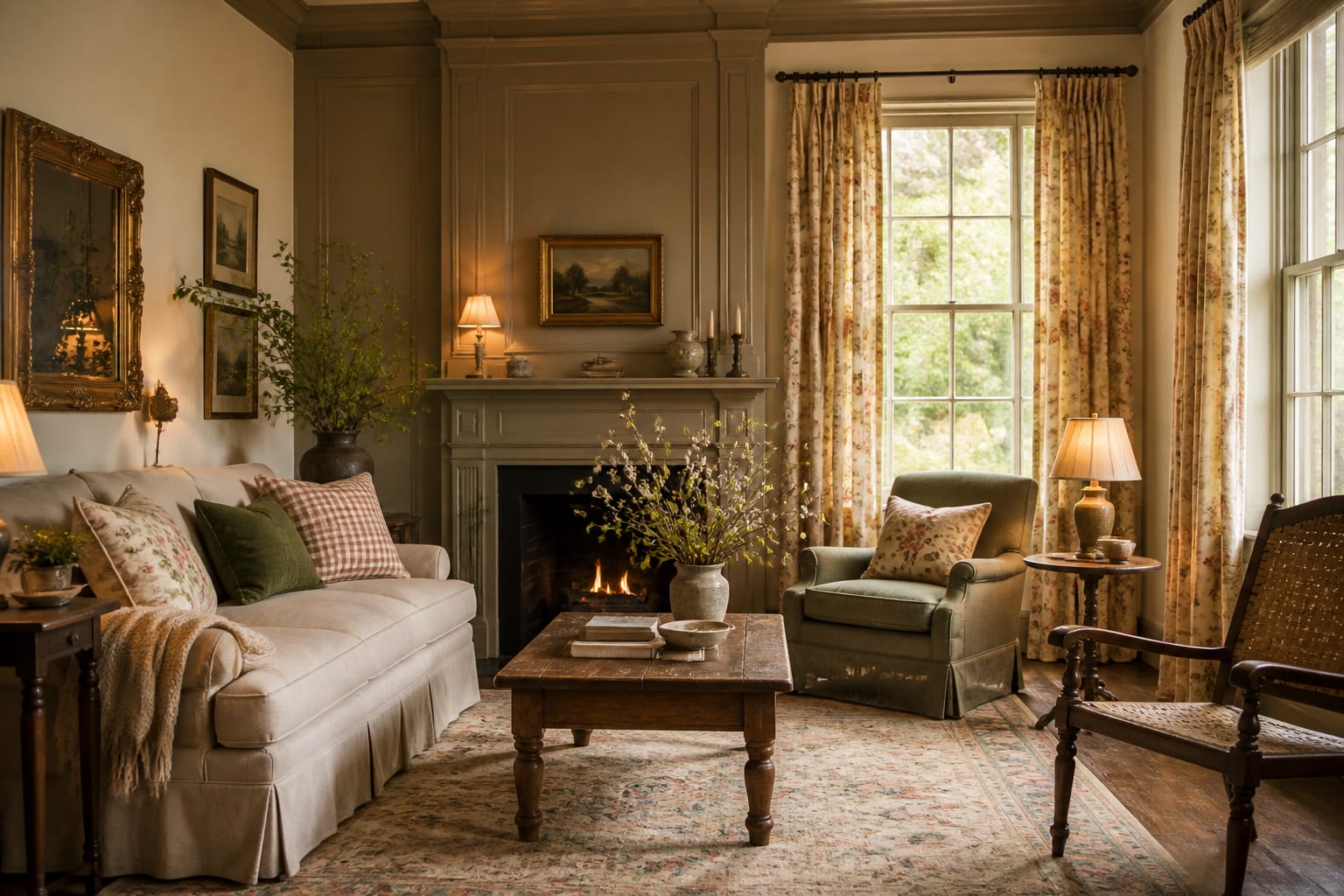 AI preview of a cottagecore living room testing floral curtains, faded rug, antique table, and warm layered lighting