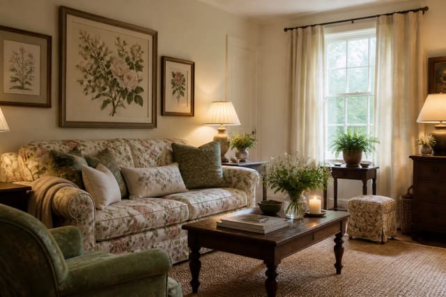 cottagecore living room with floral upholstery, linen curtains, antique wood table, layered pillows, and soft botanical art