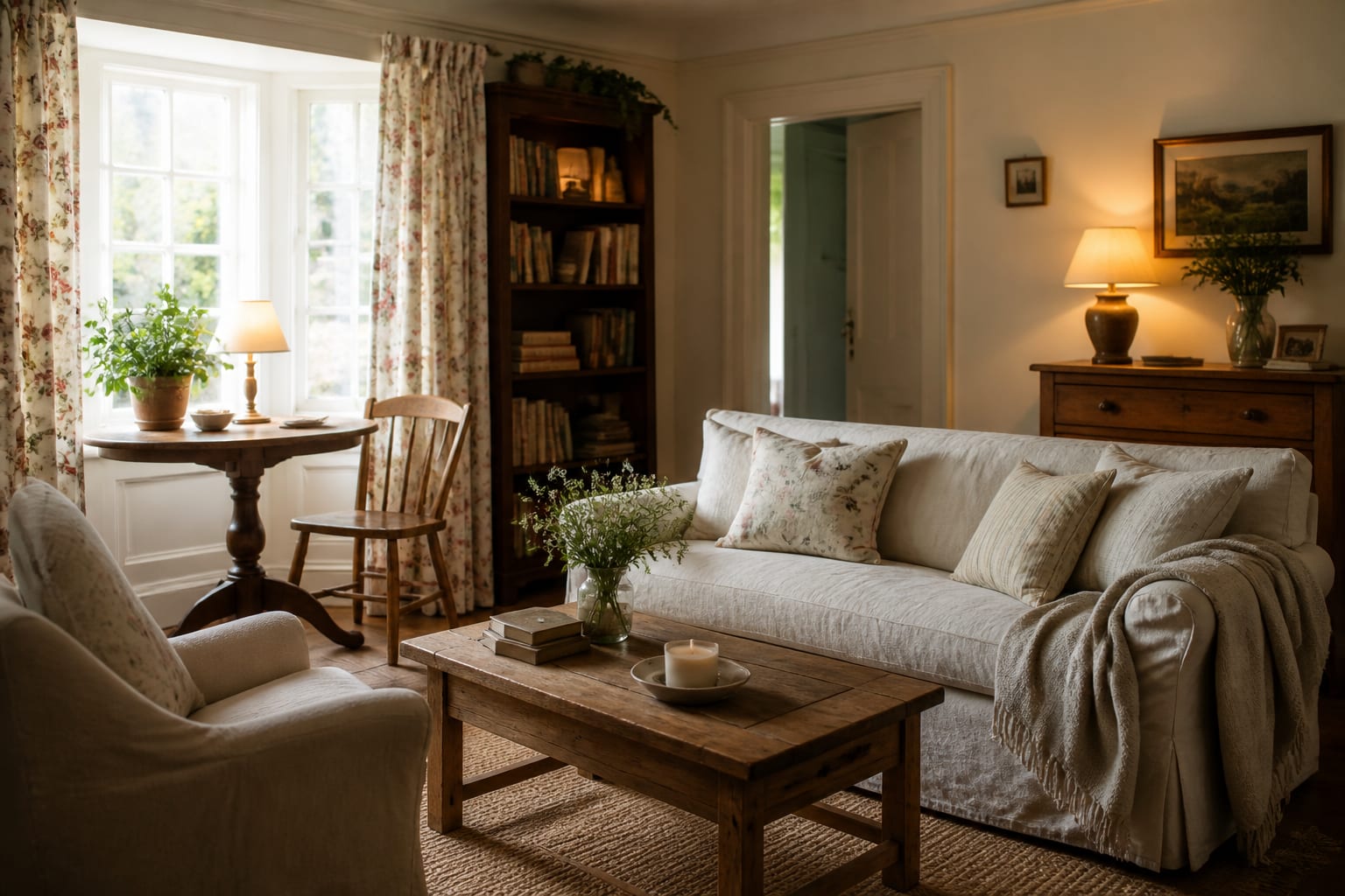 cozy budget cottagecore living room with thrifted wood furniture, floral curtains, warm lamps, and layered linen textiles