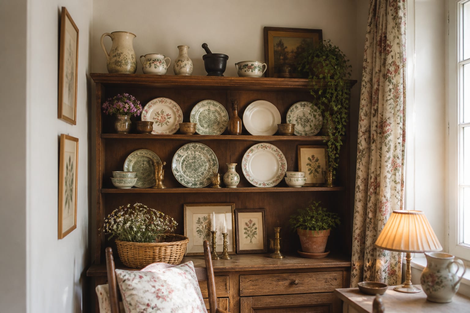 budget cottagecore shelf with secondhand ceramics, framed botanical art, warm wood, and a restrained floral textile