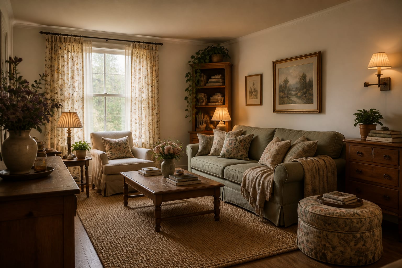 cozy budget cottagecore living room with thrifted wood furniture, floral curtains, warm lamps, and layered linen textiles