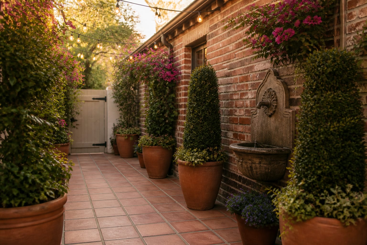 The same side yard transformed into a Spanish-style courtyard with terracotta tile, a wall fountain, tall containers with bougainvillea, and warm sconce lighting