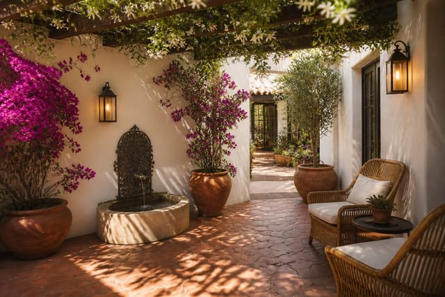 A lush Spanish-style courtyard with terracotta tile paving, a wall fountain, bougainvillea, and warm evening lighting