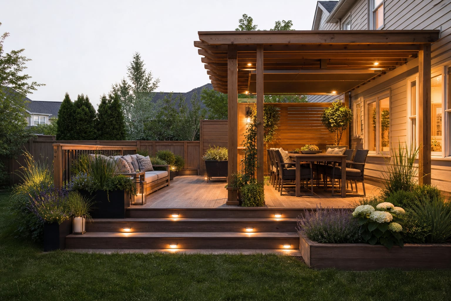 same backyard deck redesigned with a cedar pergola, partial solid roof panel, compact dining layout, planters, and warm step lighting.