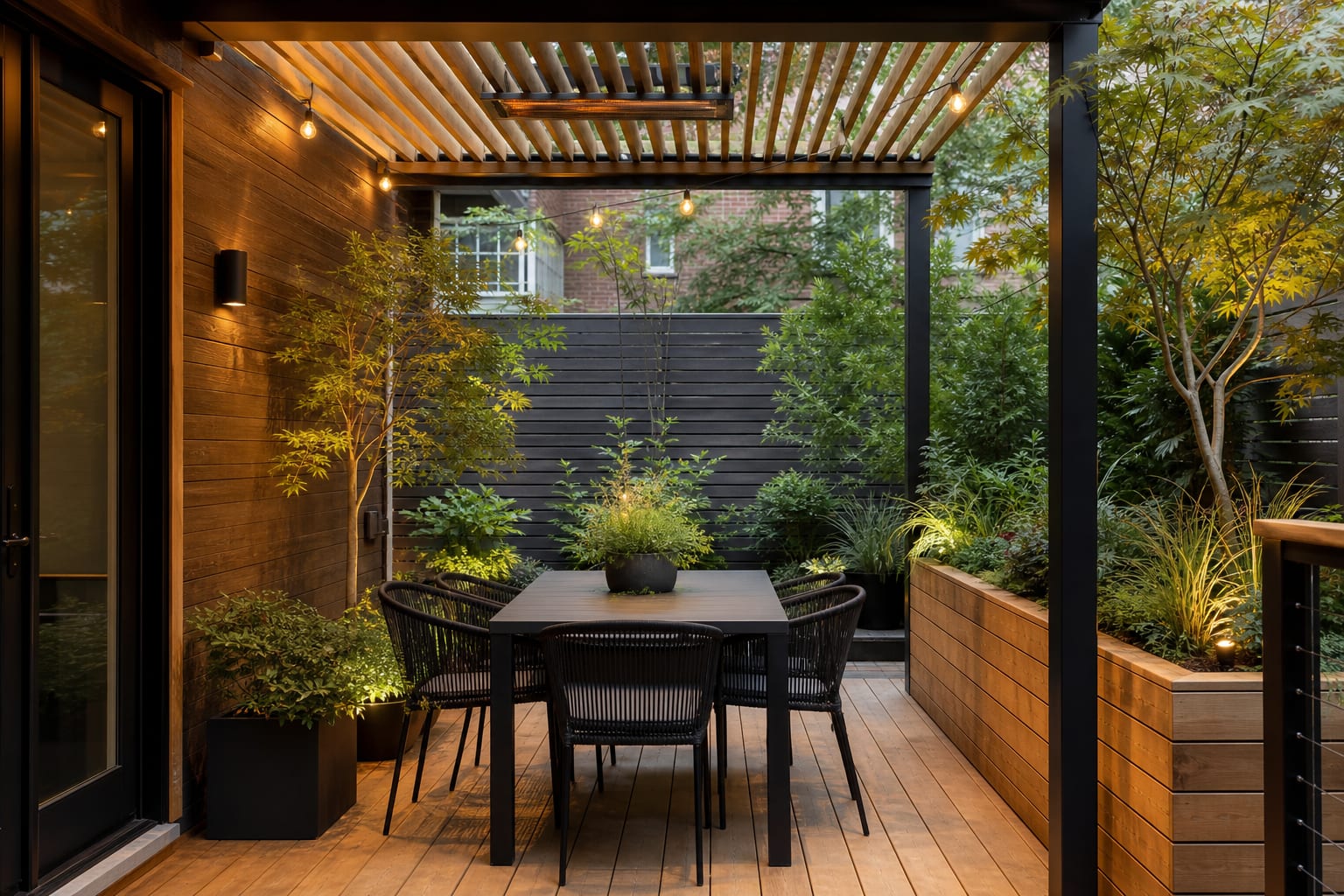 covered deck with a slatted pergola, compact dining table, planters, and warm lighting under a simple rain-aware layout