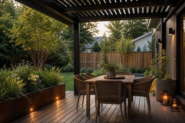 covered deck with a slatted pergola, compact dining table, planters, and warm lighting under a simple rain-aware layout