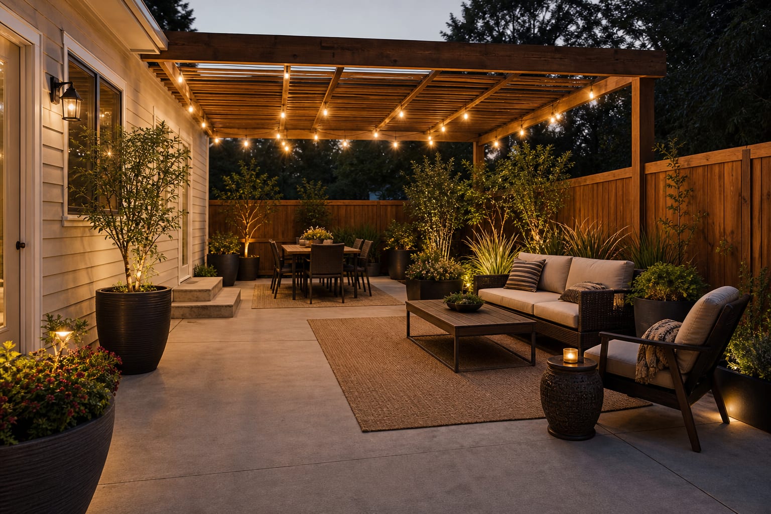 Same backyard patio with a wood pergola, shaded seating, large planters, defined dining space, and warm lights under the beams.