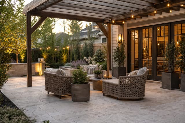 covered patio with a wood pergola, woven lounge chairs, pale stone pavers, planters, and warm evening lights