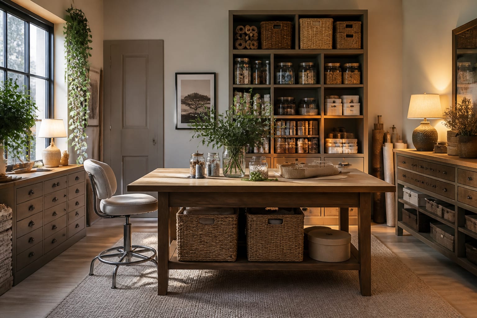 Editorial interior photograph showing craft room ideas that keep your supplies sane and your hands busy in a real craft room, with warm residential materials, layered lighting, functional furniture placement, and a magazine-quality composition.