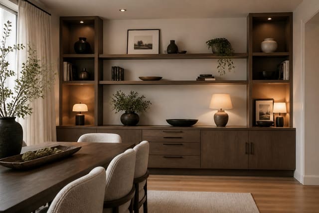 Credenza and Sideboard Ideas in a dining room storage wall, shown as a warm editorial Re-Design concept