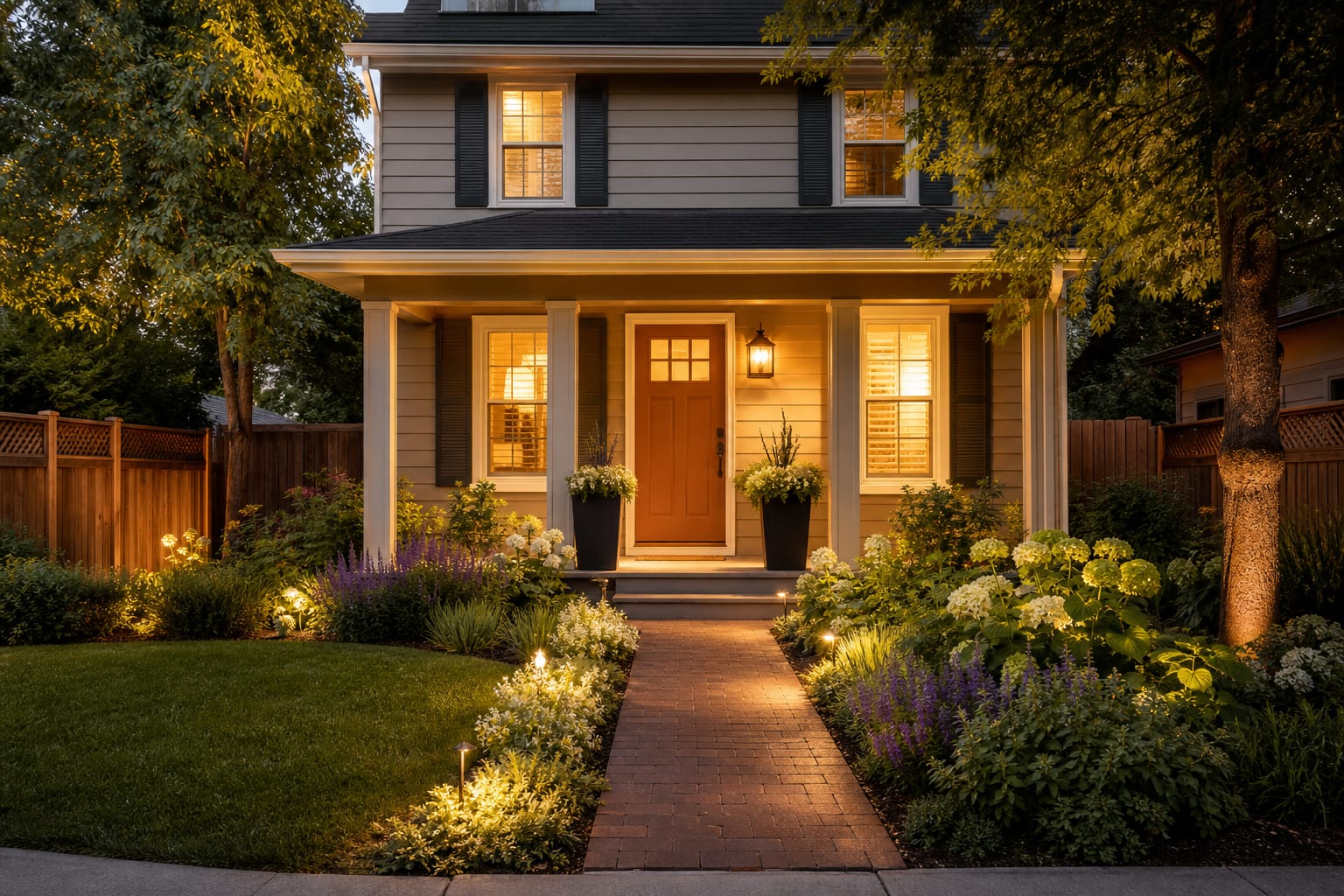 Same front yard after a curb appeal redesign with paint, lighting, planting, and entry styling