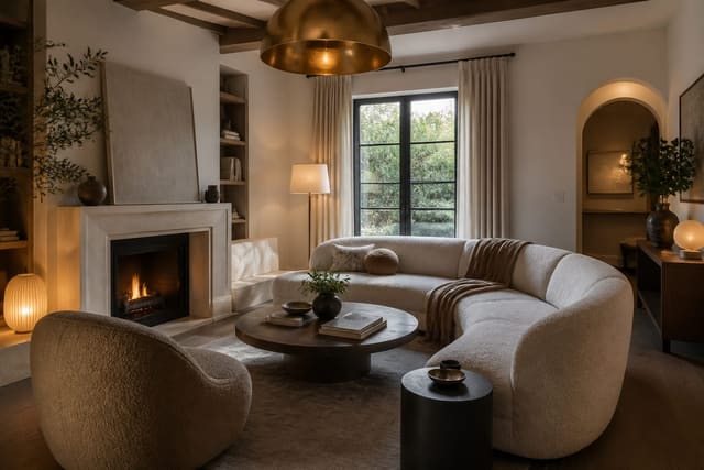 Curved Furniture Ideas in a finished home interior, shown as a warm editorial Re-Design concept