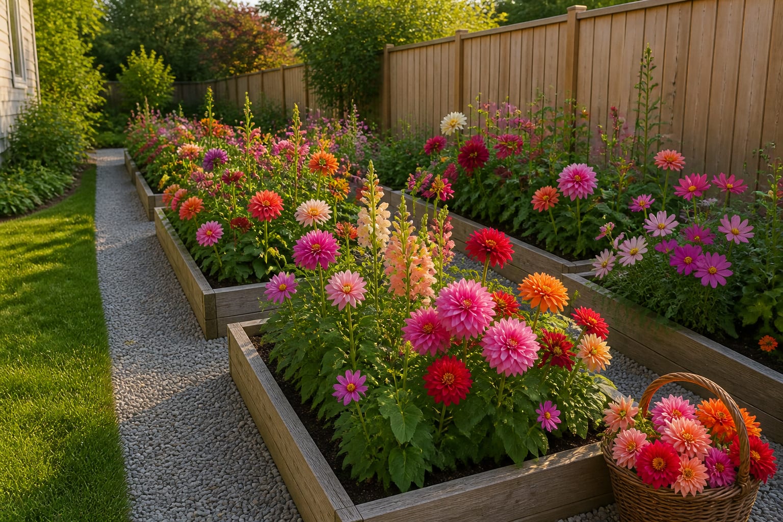 The same fence line transformed into a blooming cutting garden with rows of dahlias, zinnias, and cosmos in full summer color