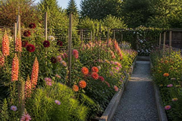 A lush cutting garden in peak summer bloom with rows of dahlias, zinnias, and cosmos under bright afternoon light