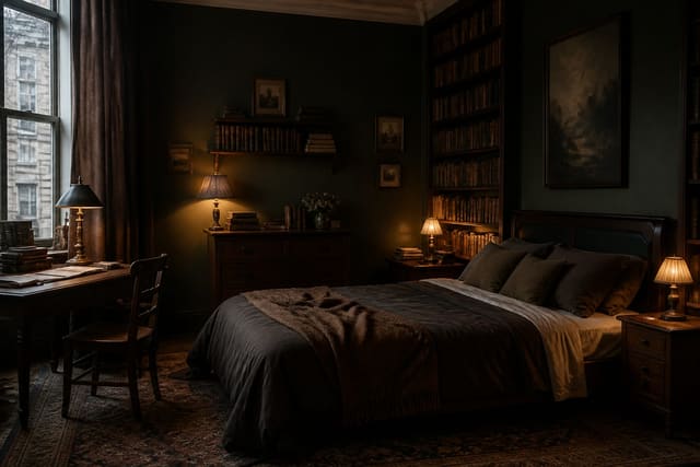 Editorial interior photograph showing dark academia bedroom ideas books, candles, and moody atmosphere.